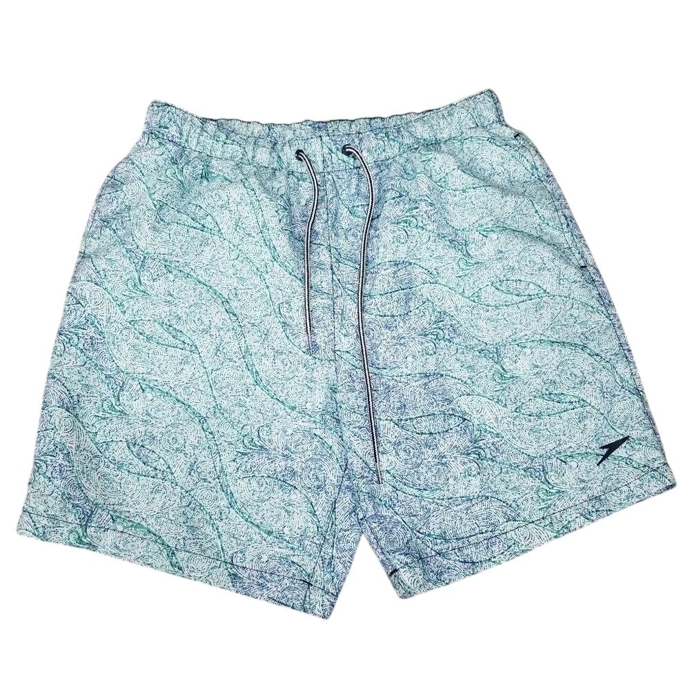 Speedo Mens Swim Trunks M Teal‎ Blue Paisley Dot Print Mesh Liner Board Shorts